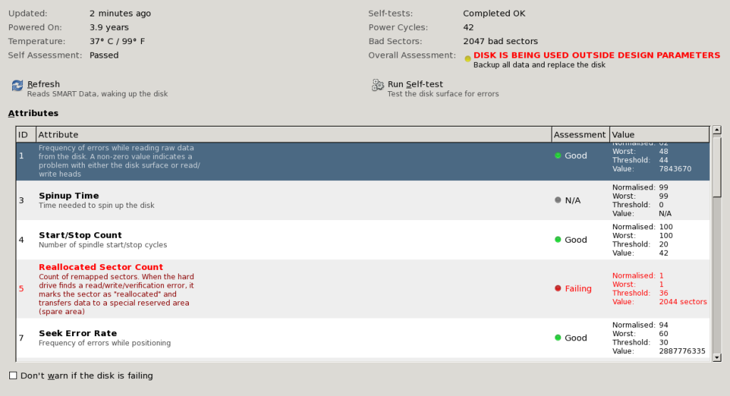 SMART stats for the offending drive