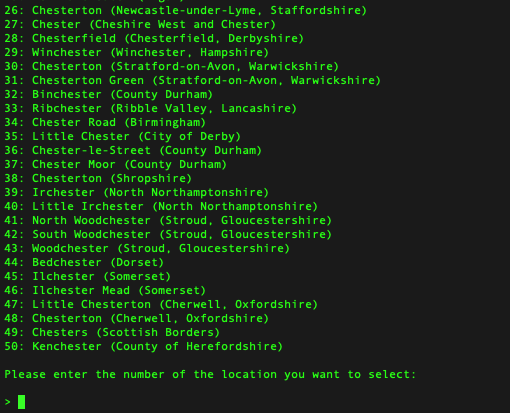 Terminal showing places with "Chester" in the name
